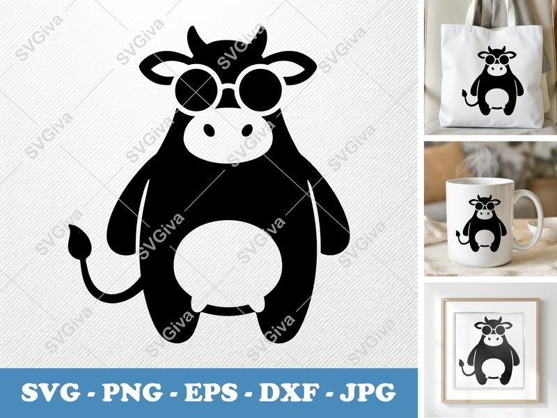Cow SVG | Modern Cartoon Cow with Glasses | Farm Animal Clipart | Milk Udder SVG, PNG, EPS, DXF for Cricut & Silhouette
