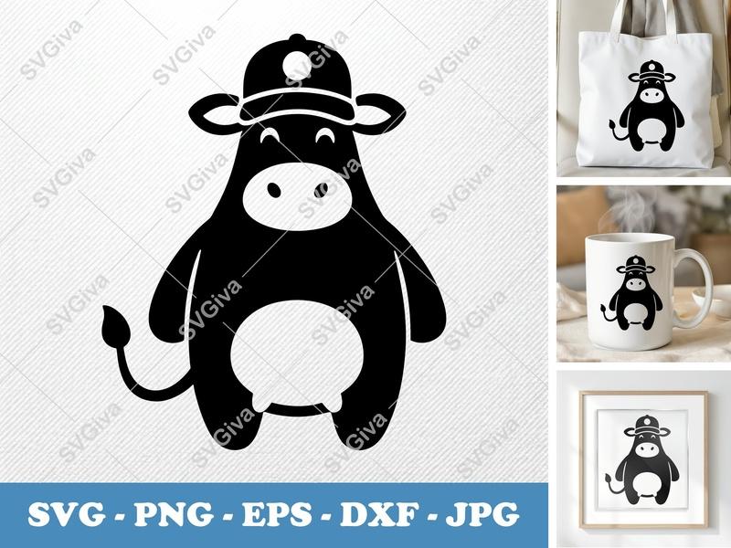 Cow SVG, Modern Cartoon Cow with Hat, Farm Animal Clipart | PNG EPS DXF for Cricut, Silhouette