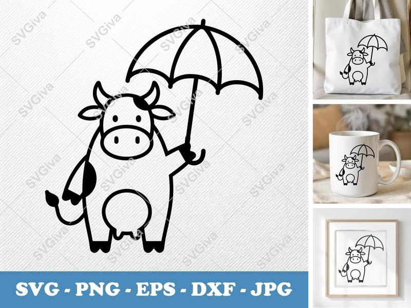 Cow SVG | Modern Clean Design with Umbrella, Farm Animal Clipart | PNG EPS DXF for Cricut, Silhouette