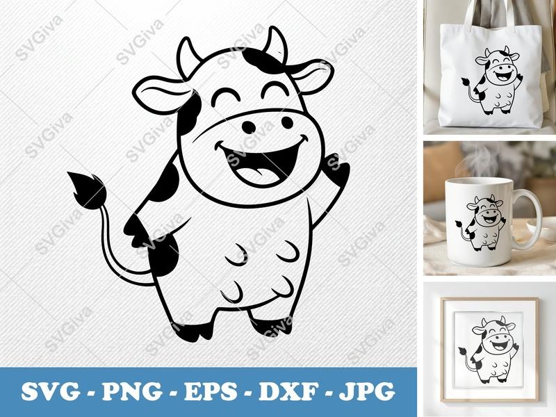 Cow SVG | Modern Happy Cow Cut File for Cricut & Silhouette | Farm Animal Vector PNG, EPS, DXF | Cute Cartoon Cow Clipart