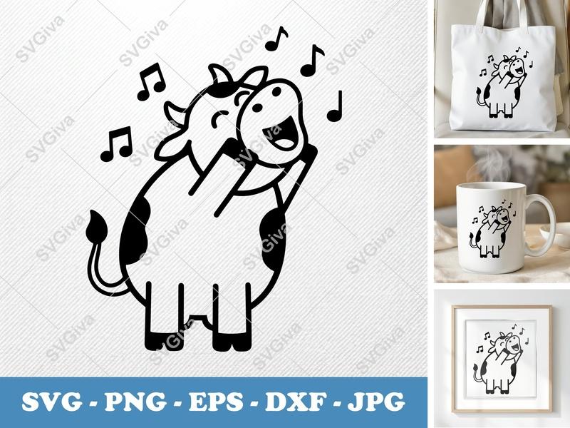 Cow SVG | Singing Cartoon Cow with Music Notes, Farm Animal Clipart | PNG EPS DXF for Cricut, Silhouette, Vinyl Cut
