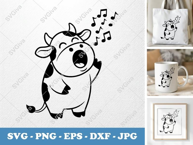 Cow SVG | Singing Cute Calf Clean Design | Music Notes Clipart | PNG EPS DXF for Cricut, Silhouette, Vinyl Decal