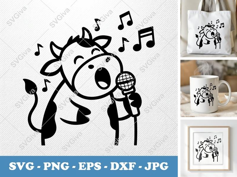 Cow SVG Singing Karaoke, Music Notes | Modern Farm Animal Clipart | Cricut Silhouette Cut File | PNG EPS DXF Vector