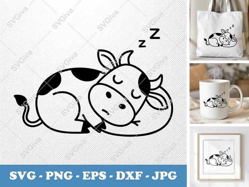 Cow SVG, Sleeping Calf Cut File, Cute Farm Animal Vector, Modern Black & White Design for Cricut, Silhouette | PNG EPS DXF