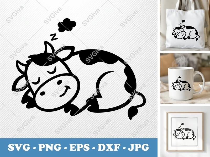 Cow SVG | Sleeping Calf Cute Farm Animal Vector | Milk Dairy Cut File for Cricut, Silhouette | PNG EPS DXF Black and White