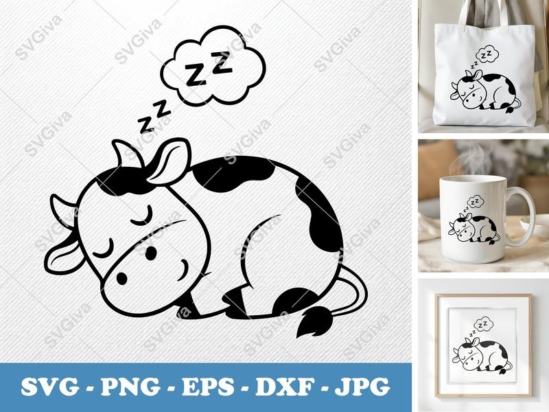 Cow SVG | Sleeping Farm Animal Vector, Cute Cartoon Calf PNG, DXF, EPS for Cricut & Silhouette, Modern Clean Design