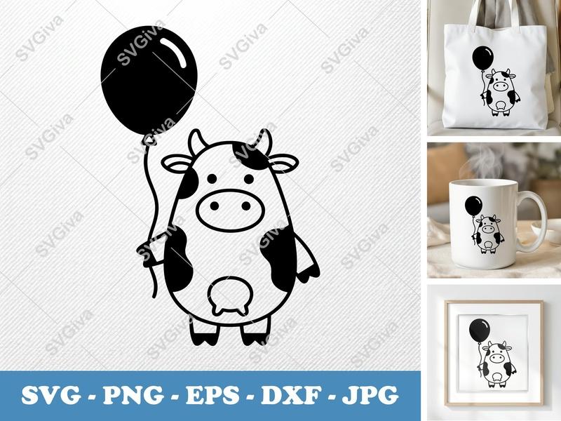 Cow SVG with Balloon | Cute Farm Animal Cut File for Cricut, Silhouette | Modern Design, PNG, EPS, DXF