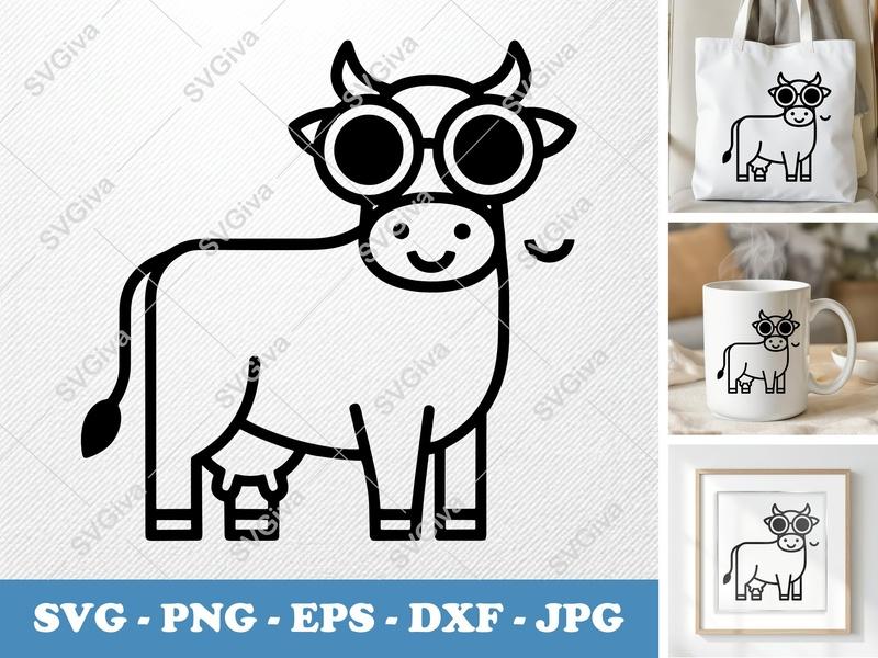 Cow Wearing Sunglasses SVG | Minimalist Bold Contour | PNG DXF EPS | Cricut Silhouette Cut File