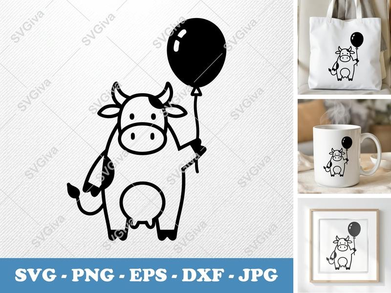 Cow with balloon SVG | Friendly Rounded Body Bean-Shaped Forms | PNG DXF EPS | Cricut Silhouette Cut File