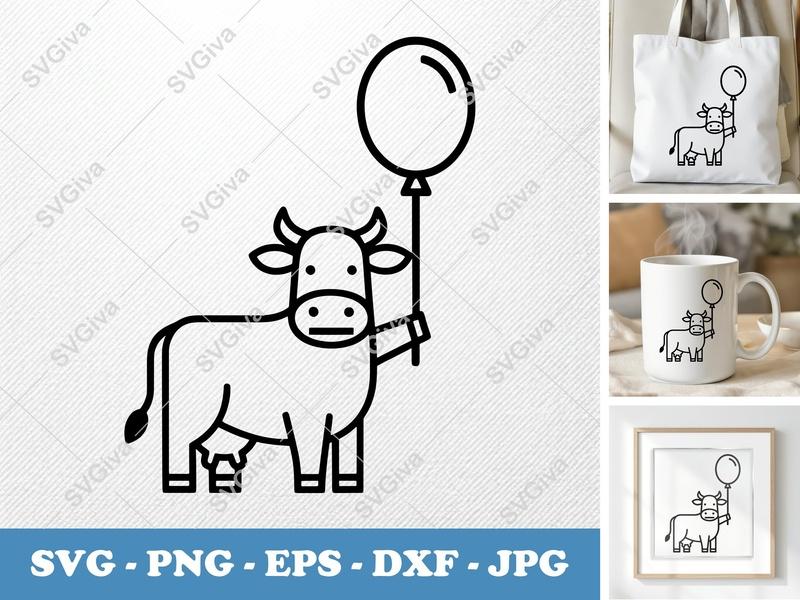 Cow with Balloon SVG | Minimalist Farm Animal Cut File | Bold Contour Design PNG DXF EPS | Cricut Silhouette Ready