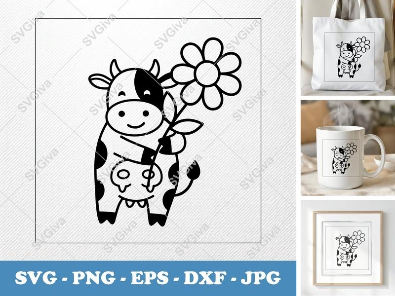 Cow with Flower SVG PNG DXF EPS | Cute Farm Animal Cut File for Cricut Silhouette