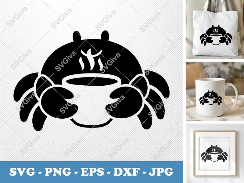 Crab Coffee SVG, Modern Crab with Coffee Cup, Steaming Drink Clipart, PNG EPS DXF for Cricut, Silhouette