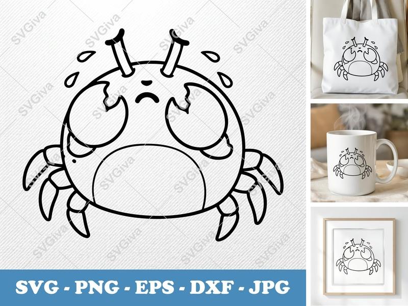 Crab Crying SVG, Sad Crab Outline, Kawaii Crab PNG, EPS, DXF Cut File for Cricut & Silhouette, Modern Sea Life Design
