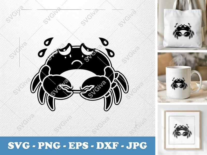 Crab Crying SVG, Sad Crab PNG, EPS, DXF Cut File for Cricut & Silhouette, Modern Ocean Animal Clipart, Tears Design