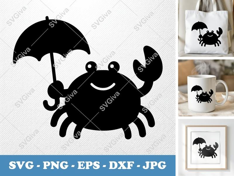 Crab Holding Umbrella SVG, Puffy Shapes Vector, Pillow-Soft PNG DXF EPS | Cricut & Silhouette Cut File