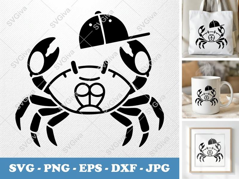 Crab in a Cap SVG | Bold Minimalist Vector | Clean White Fill | PNG DXF EPS | Cricut Silhouette Cut File