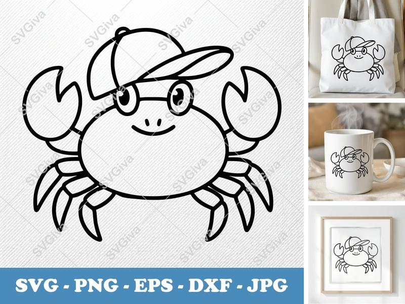 Crab in a Cap SVG | Puffy Pillow Soft Shapes | PNG DXF EPS | Cricut Silhouette File