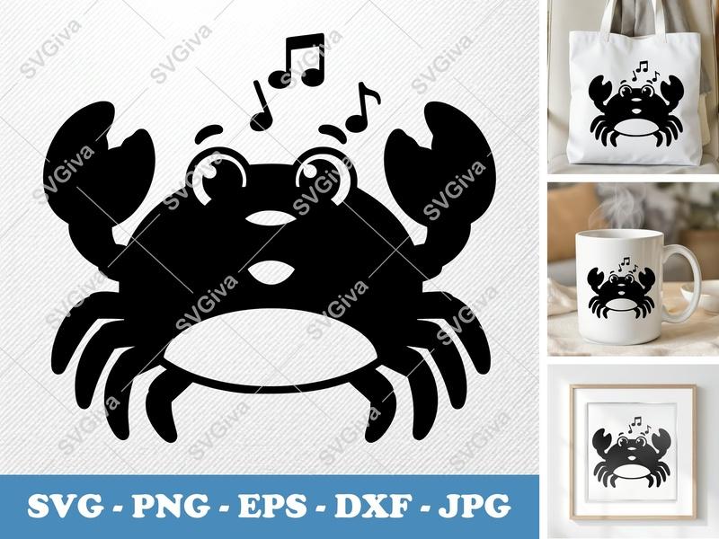 Crab Singing SVG | Cute Cartoon Crab with Music Notes PNG EPS DXF for Cricut & Silhouette, Beach Ocean Animal Clipart