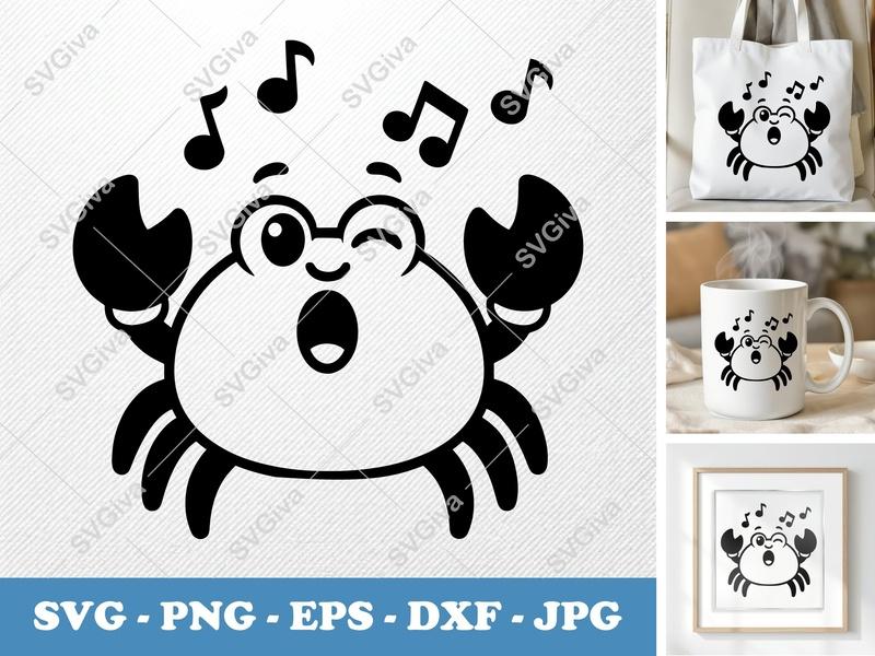 Crab Singing SVG, Cute Crab Clip Art with Music Notes PNG, EPS, DXF for Cricut & Silhouette, Modern Ocean Animal Design