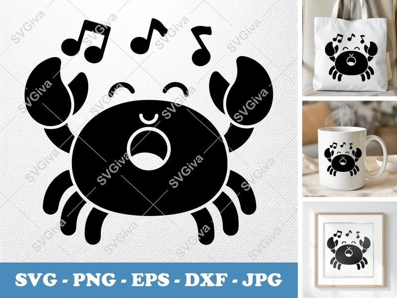 Crab Singing SVG, Cute Music Notes PNG, Happy Ocean Animal EPS, DXF Cut File for Cricut & Silhouette, Modern Sea Life Clipart