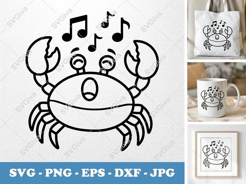 Crab Singing SVG, Music Notes Clipart, Cute Crab PNG, Ocean Animal EPS, Sea Life DXF for Cricut & Silhouette