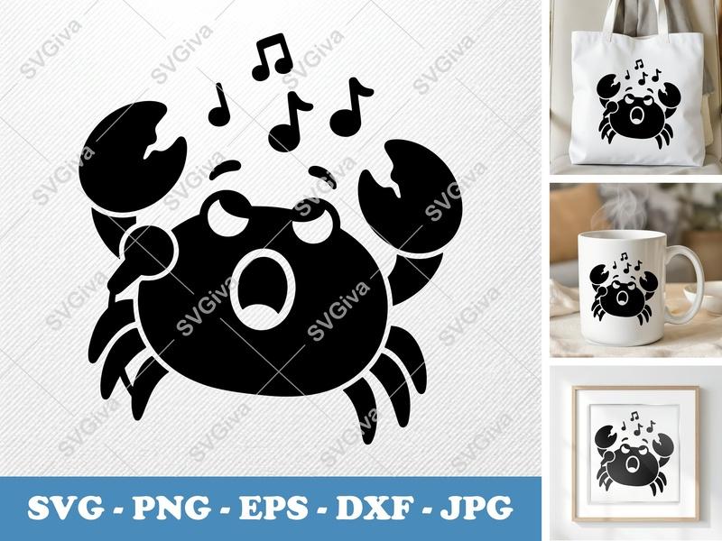 Crab Singing SVG | Music Notes PNG | Cute Crab EPS, DXF for Cricut, Silhouette | Ocean Animal Clipart | Beach Sea Life Vector