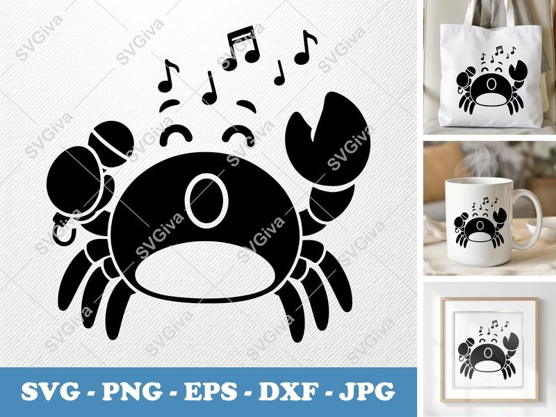 Crab Singing SVG, Music Notes PNG, Cute Marine Animal EPS, Ocean Life DXF for Cricut & Silhouette, Aquatic Sea Creature Cut File