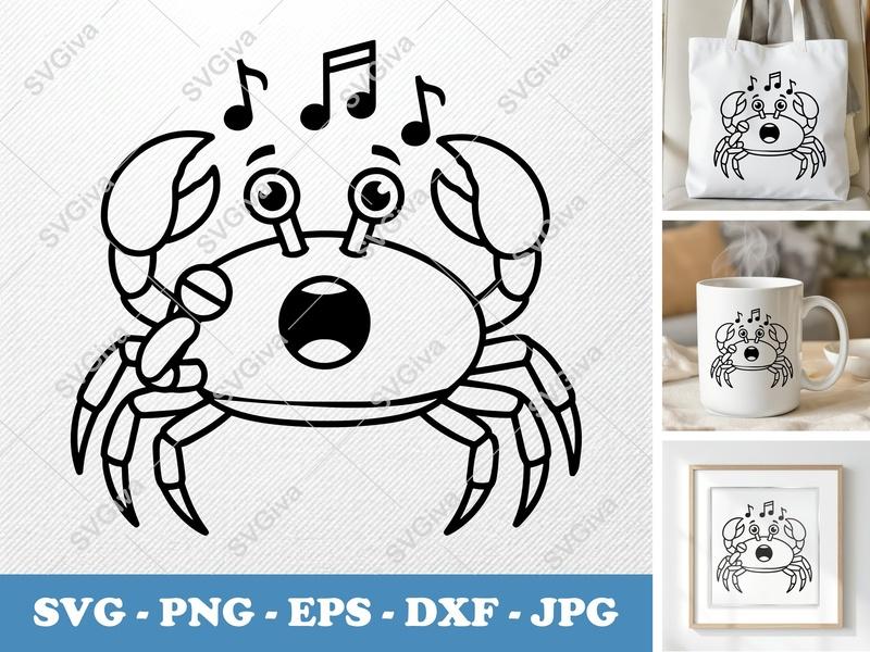 Crab Singing SVG | Music Notes PNG EPS DXF | Cartoon Sea Animal Cricut Silhouette File | Cute Ocean Clipart Download