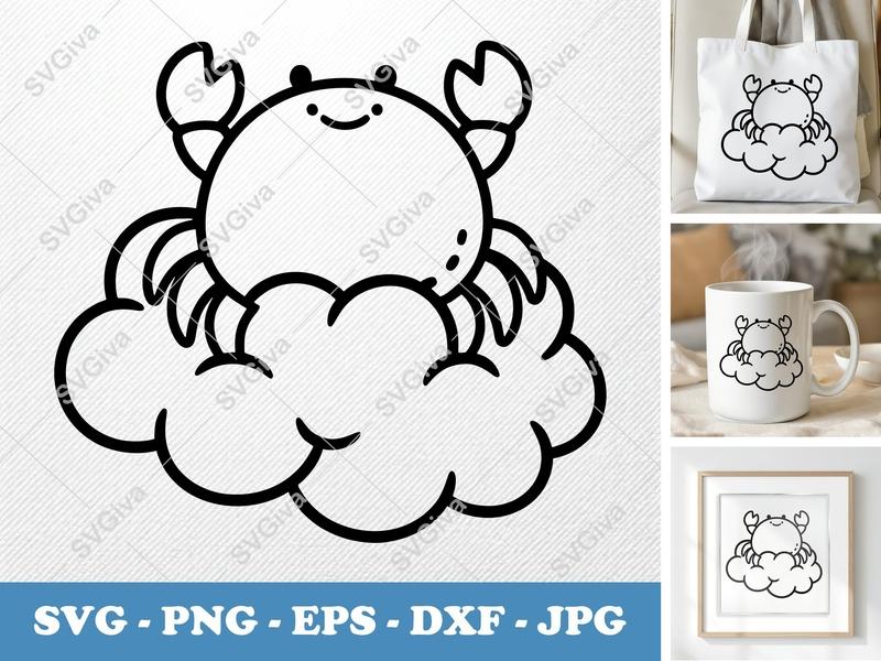 Crab Sitting on a Cloud SVG, Puffy Pillow-Soft Shapes, PNG DXF EPS, Cricut Silhouette Cut File, Ocean Animal