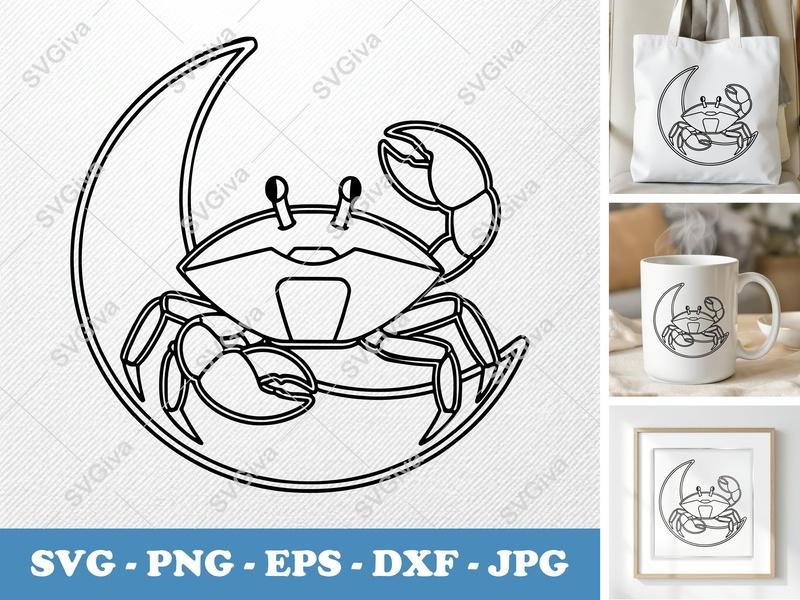 Crab Sitting on Moon SVG | Double-Outline Minimalist Cut File | Thick Contour & Thin Lines | PNG DXF EPS for Cricut Silhouette