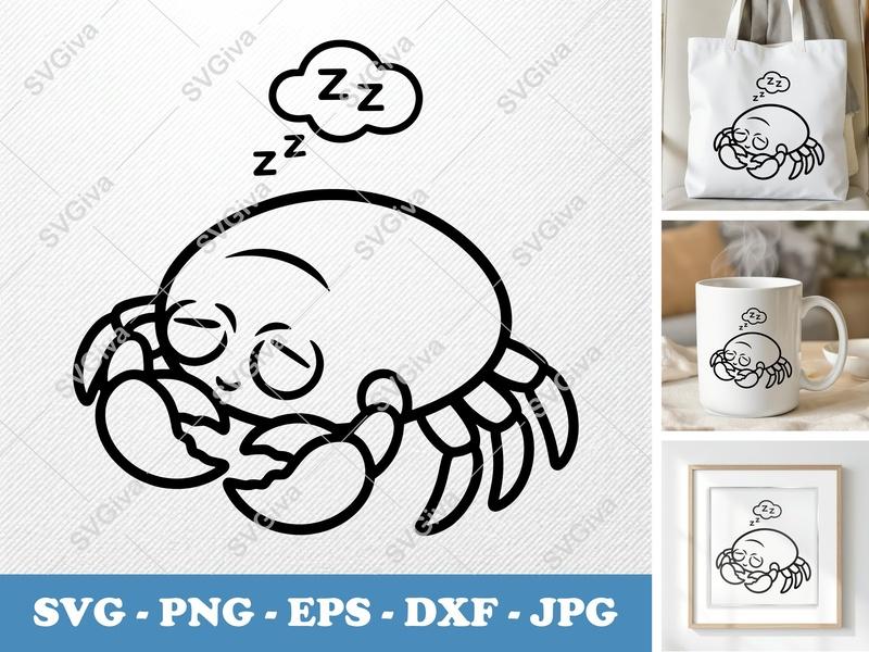 Crab Sleeping SVG | Cute Cartoon Sea Animal PNG EPS DXF | Ocean Life Cricut Silhouette File | Nautical Beach Sleepy Design