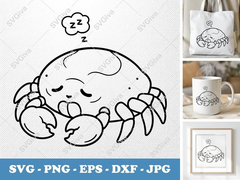 Crab Sleeping SVG, Cute Crab PNG, EPS, DXF Cut File for Cricut & Silhouette, Cartoon Sea Animal Design