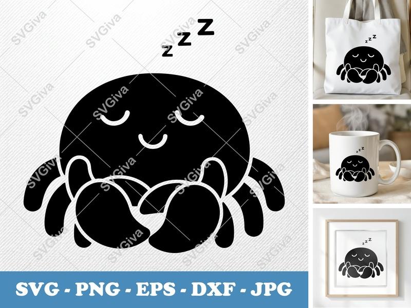 Crab Sleeping SVG, Cute Kawaii Crab PNG, EPS, DXF for Cricut & Silhouette, Modern Clean Clip Art, Ocean Animal Cut File