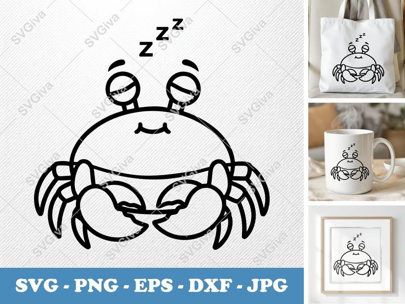 Crab Sleeping SVG, Cute Napping Crab PNG EPS DXF, Ocean Animal Cut File for Cricut Silhouette, Nautical Sea Life Clipart Vector