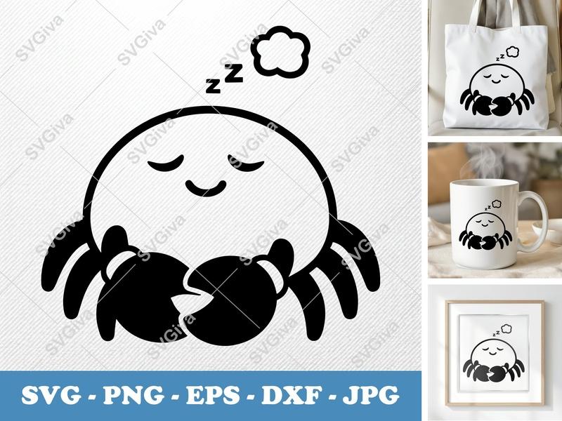 Crab Sleeping SVG, Cute Napping Crab PNG EPS DXF, Zzz Cloud Clipart for Cricut, Silhouette, Modern Ocean Animal Vector