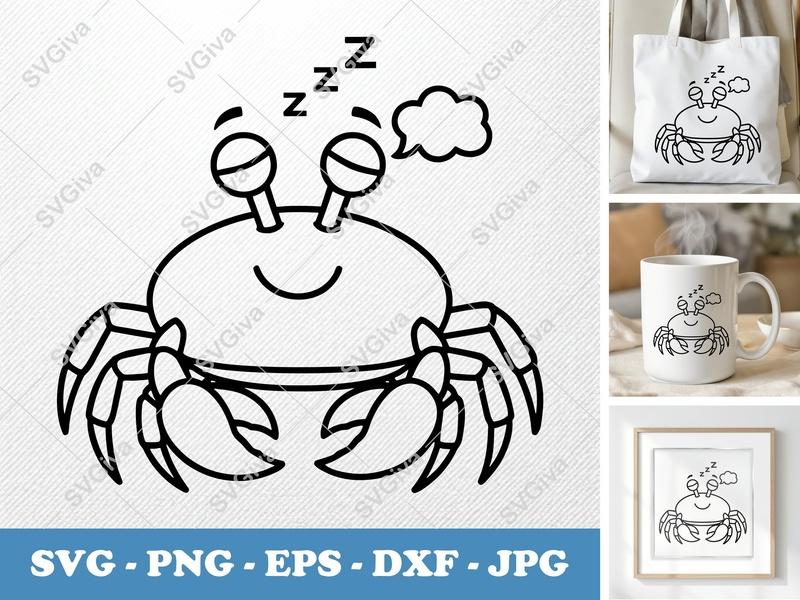Crab Sleeping SVG | Cute Sea Animal PNG EPS DXF | Ocean Life Cricut Silhouette File | Nautical Beach Sleepy Clipart