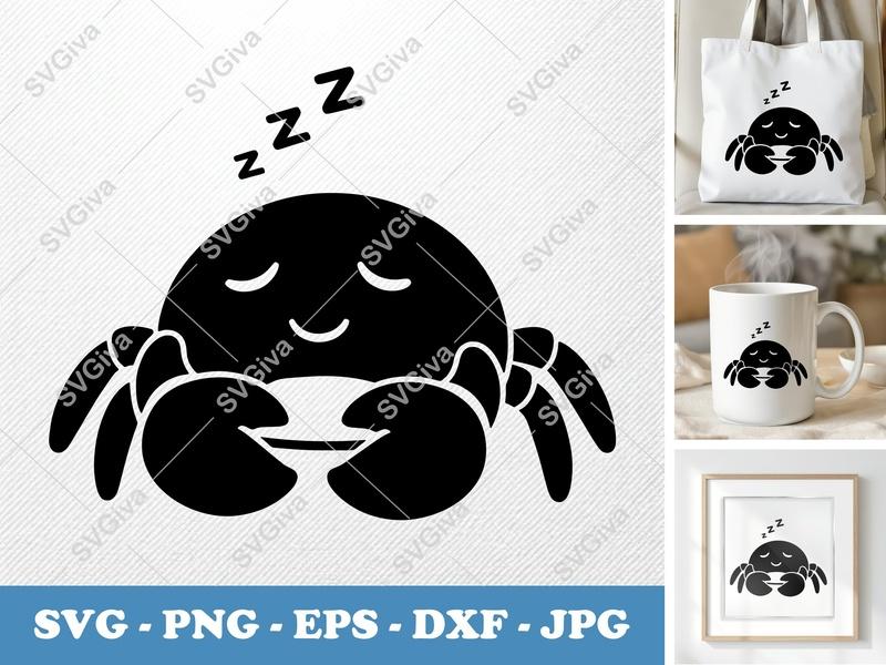 Crab Sleeping SVG, Cute Zzz Crab Clipart, Modern Ocean Animal PNG EPS DXF for Cricut & Silhouette, Beachy Design, Kids Craft