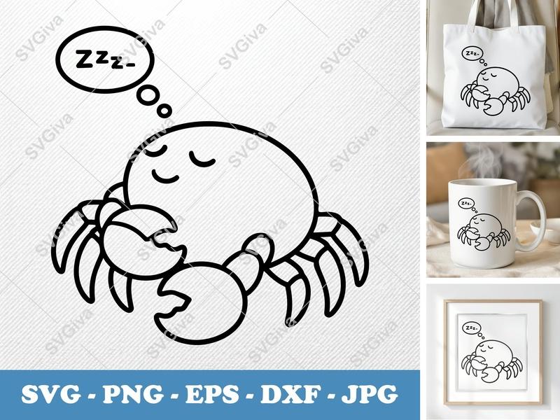 Crab Sleeping SVG | Cute Zzz Nautical Animal PNG EPS DXF | Cricut Silhouette Cut File | Ocean Sea Life Clipart