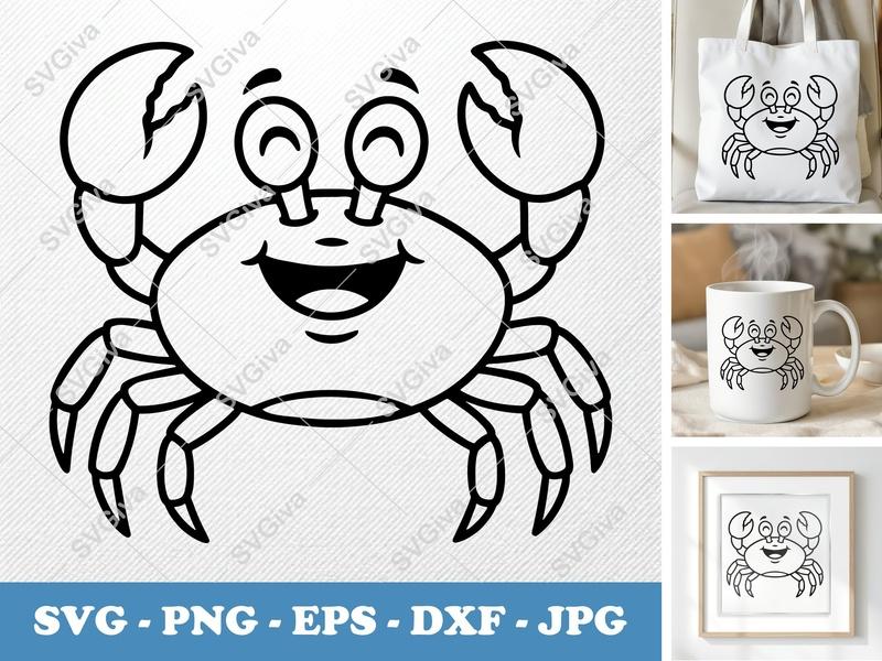 Crab Smiling Happily SVG | Bold Contour, Simple Character | PNG DXF EPS | Cricut Silhouette File