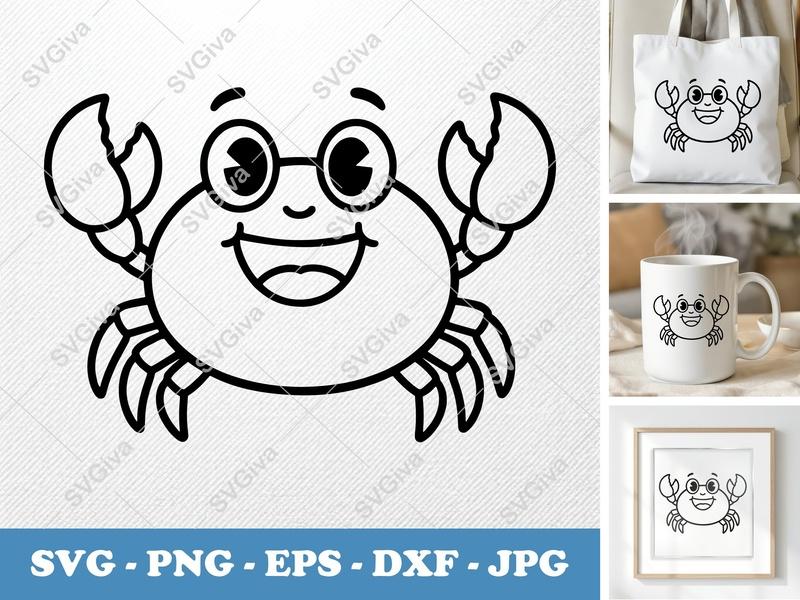 Crab Smiling Happily SVG | Friendly Rounded Body Bean-Shaped Design | PNG DXF EPS | Cricut Silhouette File