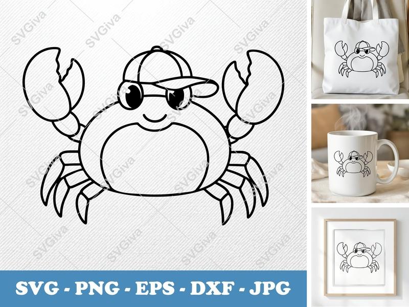 Crab SVG, Cartoon Crab with Hat & Glasses, Sea Animal Cut File, Ocean Life | PNG EPS DXF for Cricut, Silhouette