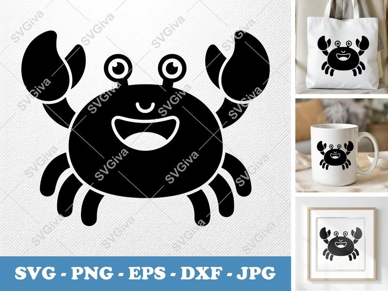 Crab SVG Cut File, Cute Cartoon Crab PNG, EPS, DXF for Cricut & Silhouette, Ocean Animal Clipart, Beach Sea Life