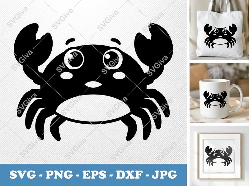 Crab SVG | Cute Cartoon Crab Cut File | Happy Ocean Animal Design | PNG EPS DXF for Cricut & Silhouette
