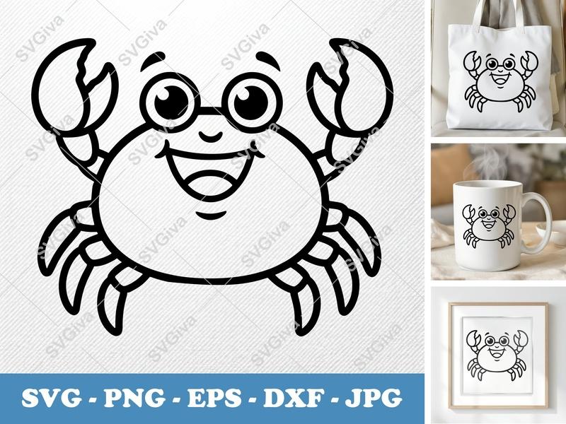 Crab SVG | Cute Cartoon Crab with Glasses | PNG EPS DXF for Cricut & Silhouette | Funny Sea Animal Clipart Cut File