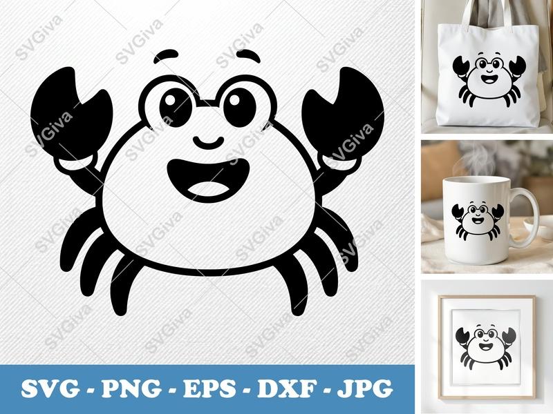 Crab SVG, Cute Happy Crab with Glasses Cut File, Modern Sea Animal PNG EPS DXF for Cricut, Silhouette, Kids Design
