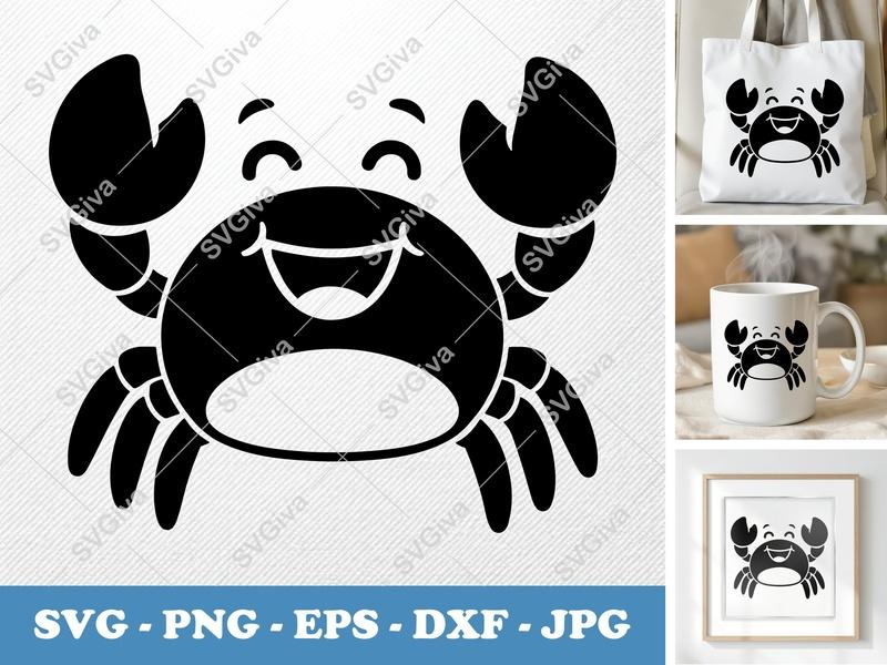 Crab SVG, Happy Cartoon Crab Cut File, Smiling Sea Creature PNG EPS DXF for Cricut & Silhouette, Nautical Ocean Life Clipart