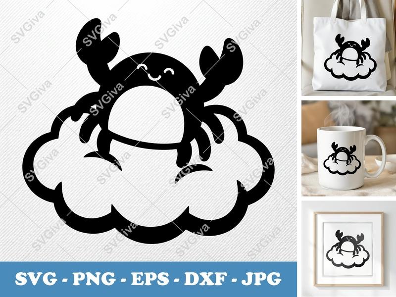 Crab SVG on Cloud, Cute Smiling Crab, Kids Summer Ocean Cut File for Cricut, Silhouette | PNG EPS DXF Vector Clipart