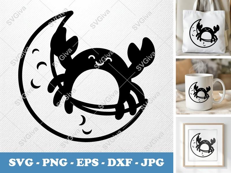 Crab SVG on Moon | Cute Sea Animal Cut File for Cricut, Silhouette | PNG EPS DXF | Modern Ocean Design
