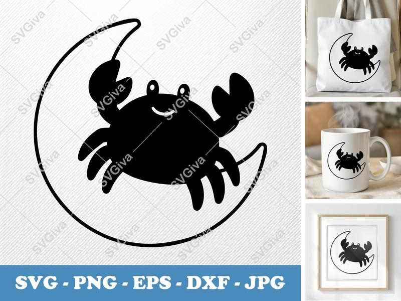 Crab SVG on Moon | Cute Sea Animal Cut File | Modern Nautical Clipart for Cricut, Silhouette | PNG, EPS, DXF Included