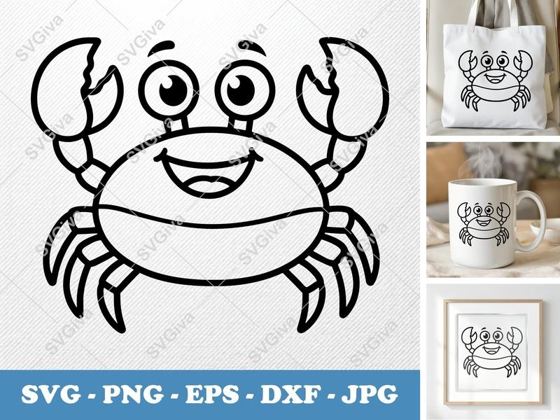 Crab SVG Outline, Happy Cartoon Seafood Cut File, Ocean Animal Clipart, PNG EPS DXF for Cricut & Silhouette